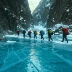 Trekkeurs marchant sur la rivière gelée du Chadar dans la vallée du Zanskar, en Himalaya indien