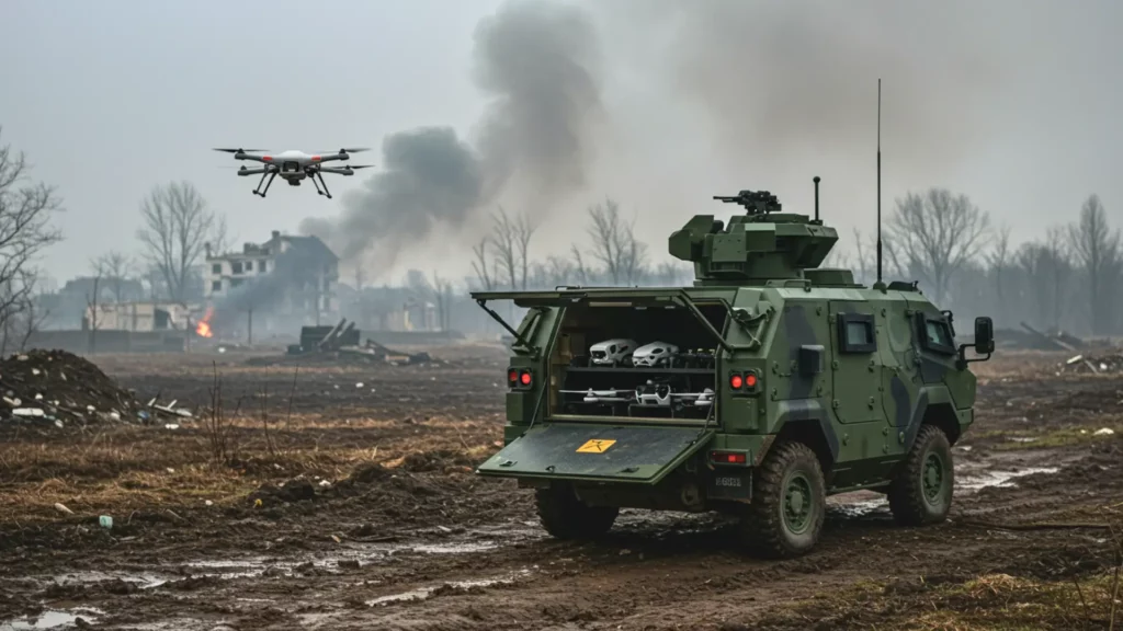 Véhicule militaire autonome lançant un drone de combat sur le front ukrainien, avec compartiment arrière ouvert et zone de conflit en arrière-plan.