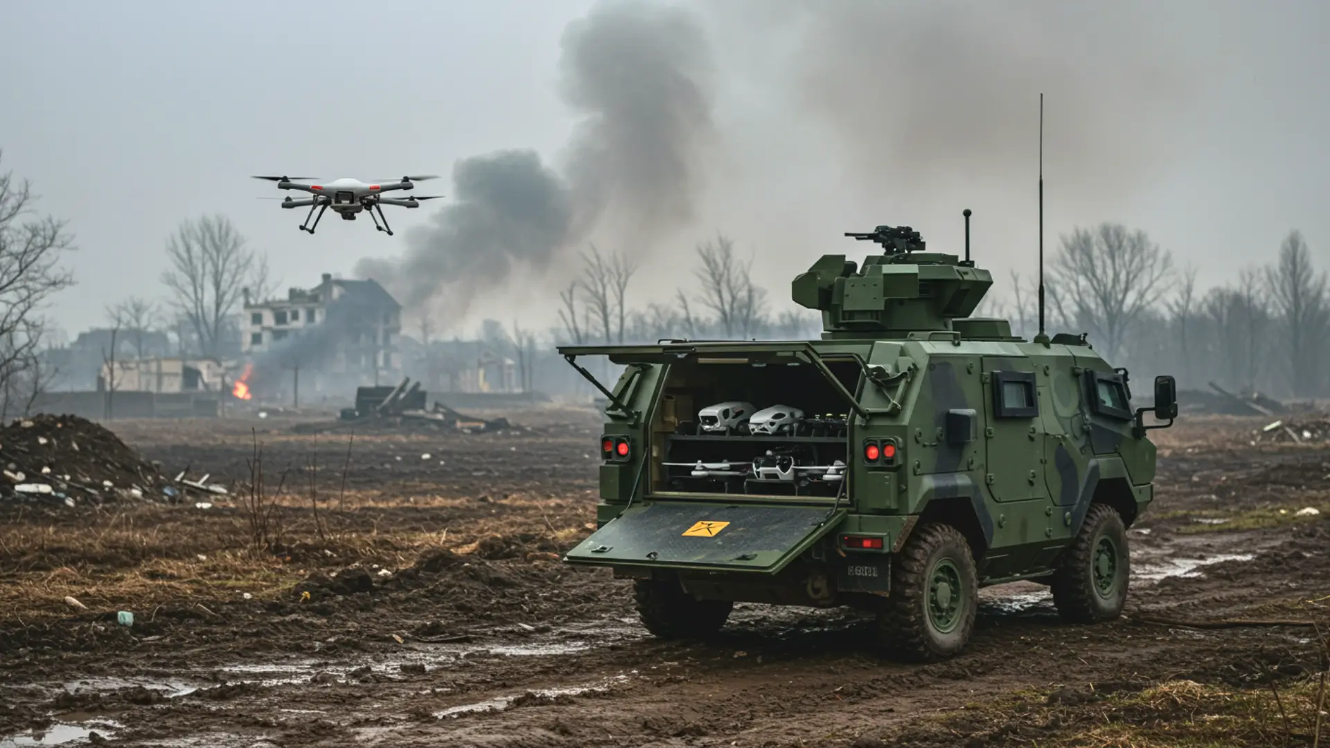 Véhicule militaire autonome lançant un drone de combat sur le front ukrainien, avec compartiment arrière ouvert et zone de conflit en arrière-plan.