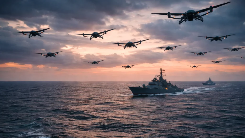 Un essaim de drones militaires armés vole en formation serrée au-dessus de navires de guerre en pleine mer au coucher du soleil.