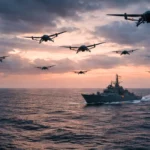 Un essaim de drones militaires armés vole en formation serrée au-dessus de navires de guerre en pleine mer au coucher du soleil.