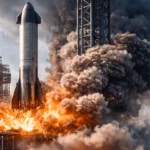 Explosion spectaculaire d’un prototype de fusée Starship lors d’un test au sol, avec flammes et épaisse fumée s’élevant autour du pas de tir.