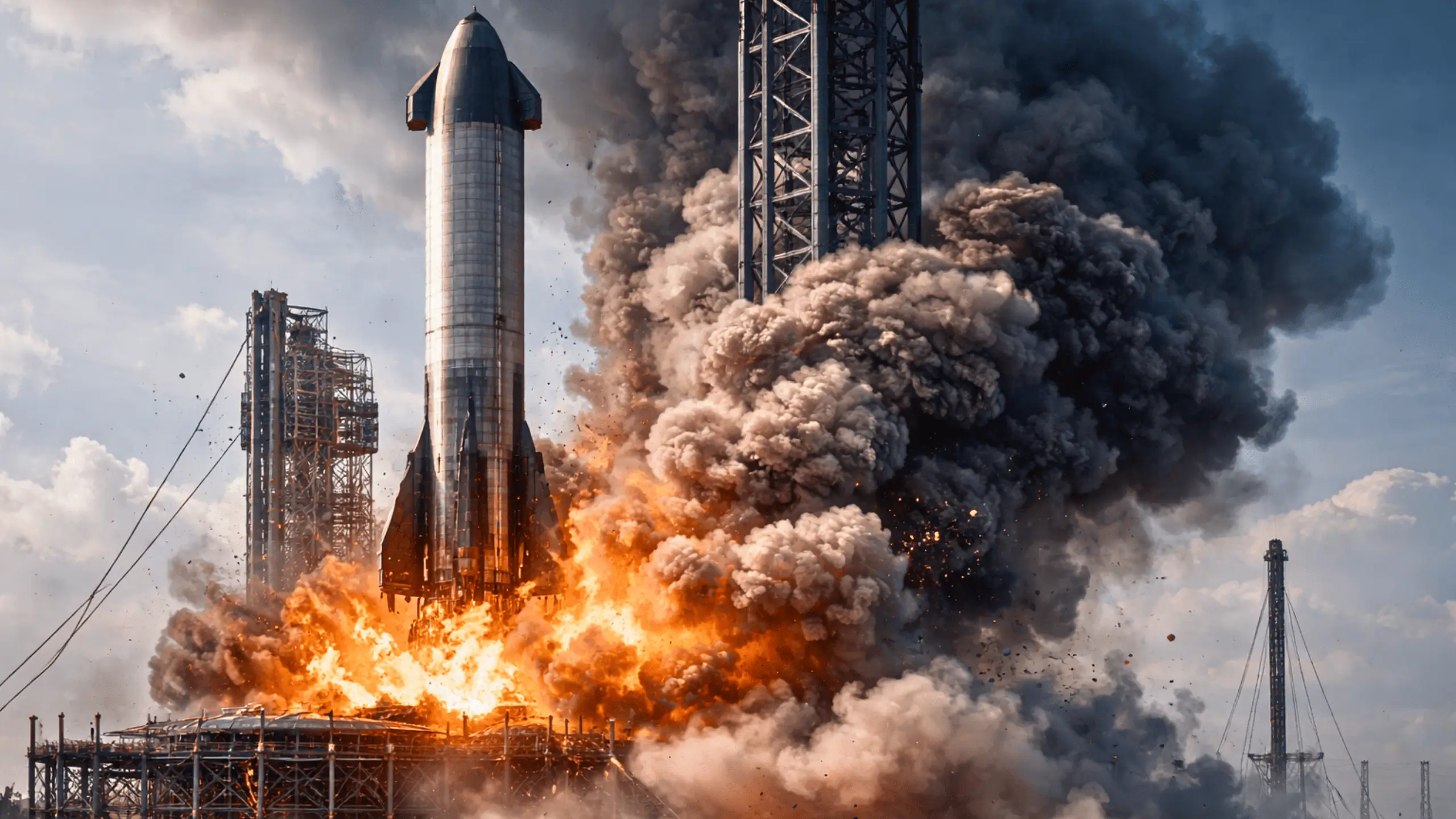 Explosion spectaculaire d’un prototype de fusée Starship lors d’un test au sol, avec flammes et épaisse fumée s’élevant autour du pas de tir.