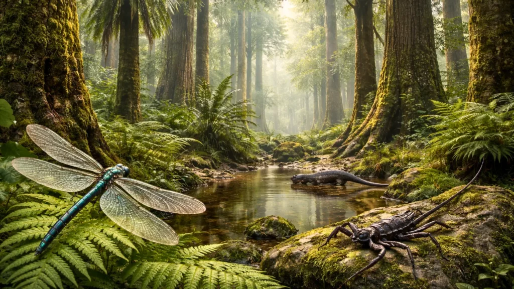 Reconstitution réaliste d’une forêt du Carbonifère avec libellule géante, scorpion fouet et amphibien primitif près d’un point d’eau.