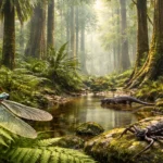 Reconstitution réaliste d’une forêt du Carbonifère avec libellule géante, scorpion fouet et amphibien primitif près d’un point d’eau.