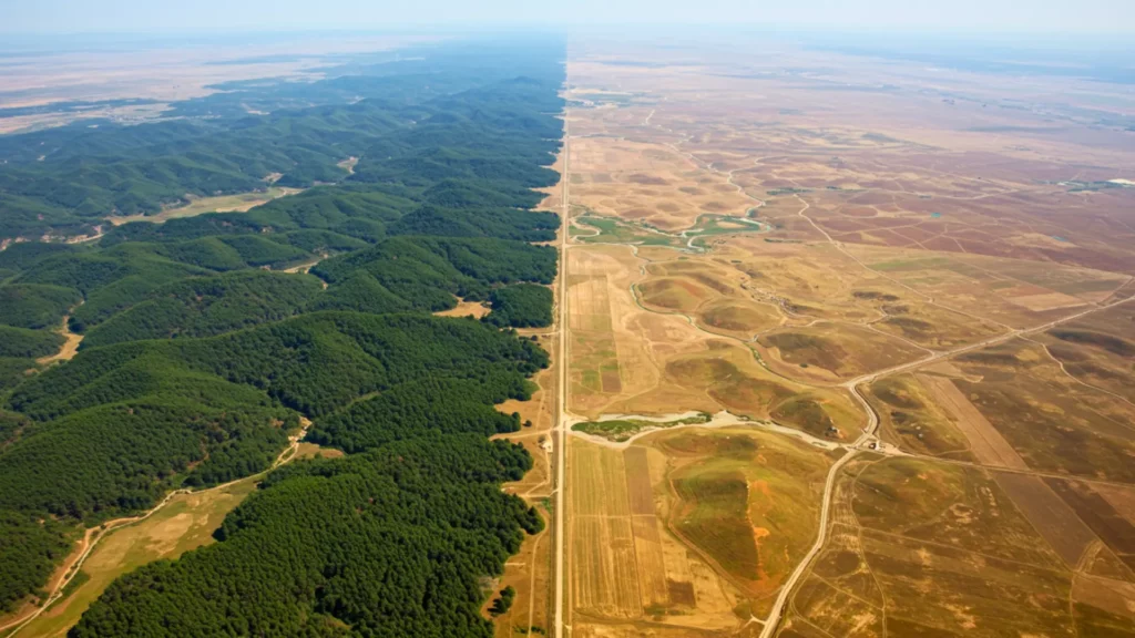 Contraste aérien entre une zone forestière dense et des terres arides en Chine, illustrant l’impact du reboisement sur le cycle de l’eau.