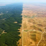 Contraste aérien entre une zone forestière dense et des terres arides en Chine, illustrant l’impact du reboisement sur le cycle de l’eau.