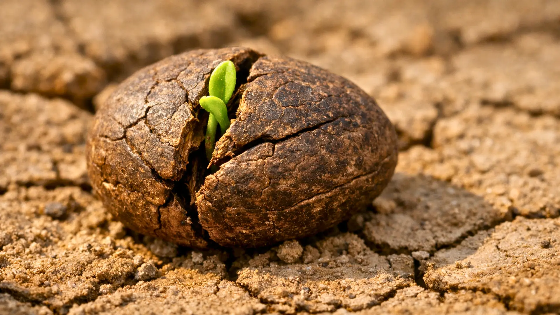 Une graine ancienne fissurée dans une terre sèche et craquelée, laissant émerger une petite pousse verte sous une lumière chaude.