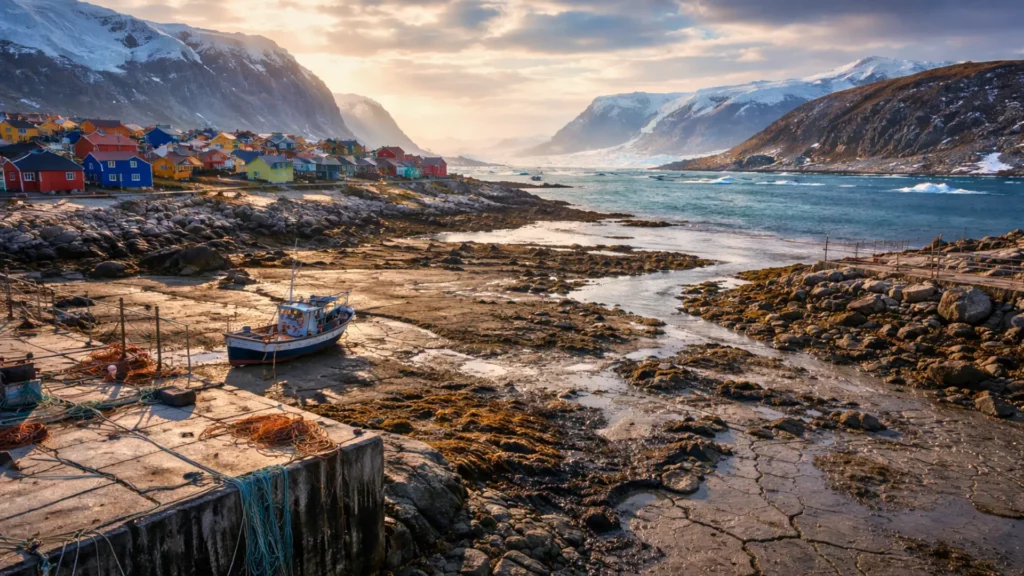 Un village côtier du Groenland avec un bateau échoué sur un sol asséché, illustrant la baisse relative du niveau de la mer.