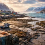 Un village côtier du Groenland avec un bateau échoué sur un sol asséché, illustrant la baisse relative du niveau de la mer.