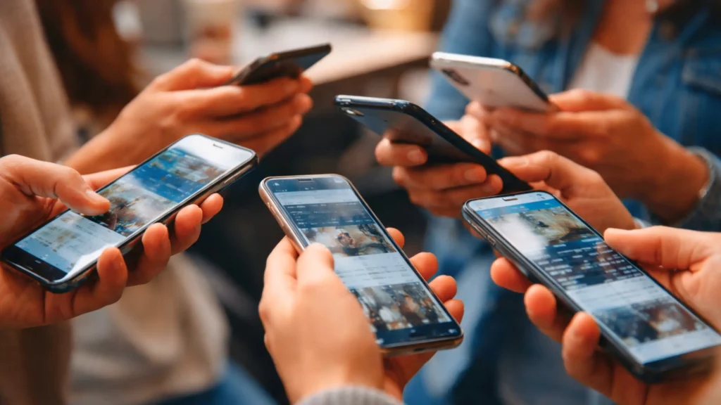 Plusieurs mains tenant des smartphones allumés, réunies dans un groupe, sans montrer les visages des personnes.