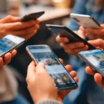 Plusieurs mains tenant des smartphones allumés, réunies dans un groupe, sans montrer les visages des personnes.
