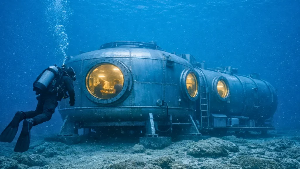 Un plongeur s’approche d’un habitat humain en acier installé à 200 mètres de profondeur, avec des chercheurs visibles à l’intérieur à travers des hublots éclairés.