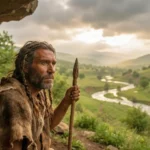 Un groupe d’Homo sapiens préhistoriques installé dans une vallée fertile du Plateau Perse, avec montagnes, rivière et feu de camp au coucher du soleil.