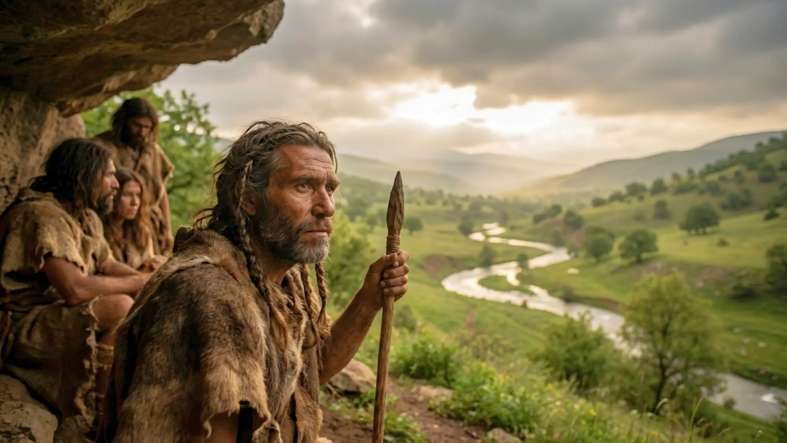 Un groupe d’Homo sapiens préhistoriques installé dans une vallée fertile du Plateau Perse, avec montagnes, rivière et feu de camp au coucher du soleil.
