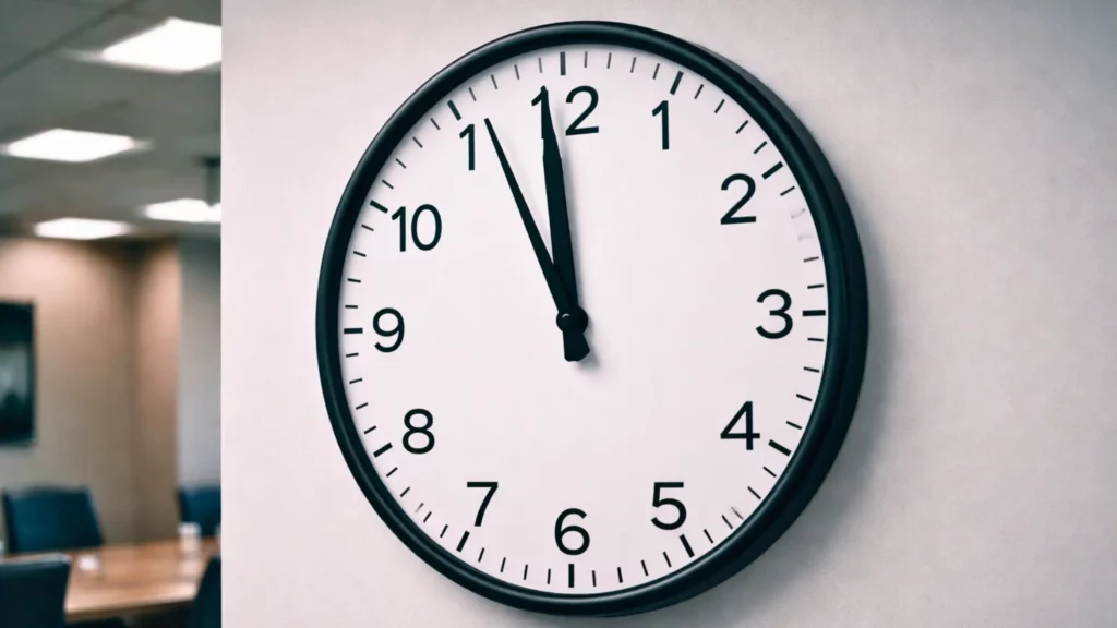 Horloge murale minimaliste indiquant une heure très proche de minuit, photographiée dans un environnement institutionnel sobre.
