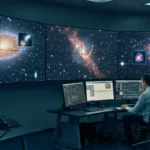 Salle de contrôle analysant des images du télescope Hubble avec une intelligence artificielle détectant des anomalies dans des galaxies lointaines