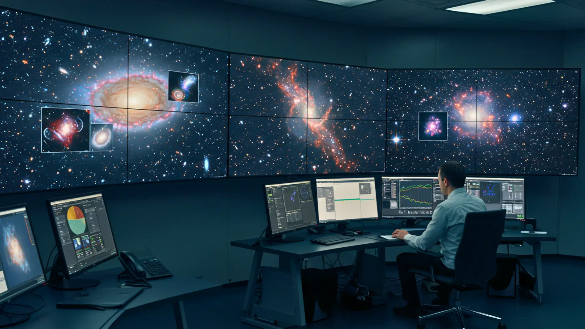 Salle de contrôle analysant des images du télescope Hubble avec une intelligence artificielle détectant des anomalies dans des galaxies lointaines