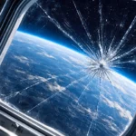 Gros plan d’un hublot fissuré dans une station spatiale, avec la courbure bleue de la Terre visible en arrière-plan.