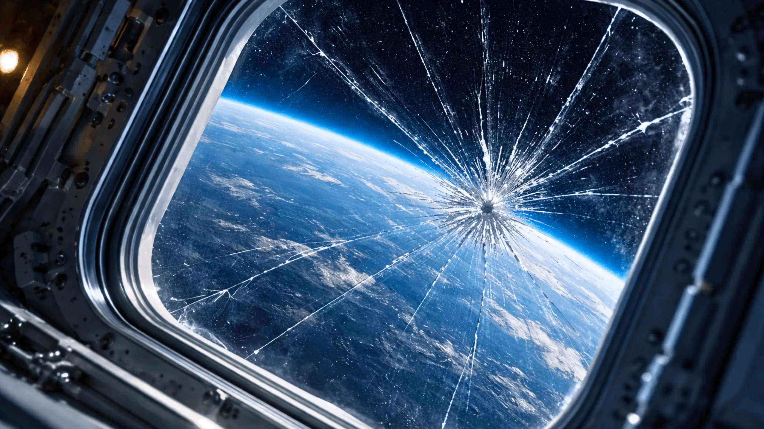 Gros plan d’un hublot fissuré dans une station spatiale, avec la courbure bleue de la Terre visible en arrière-plan.
