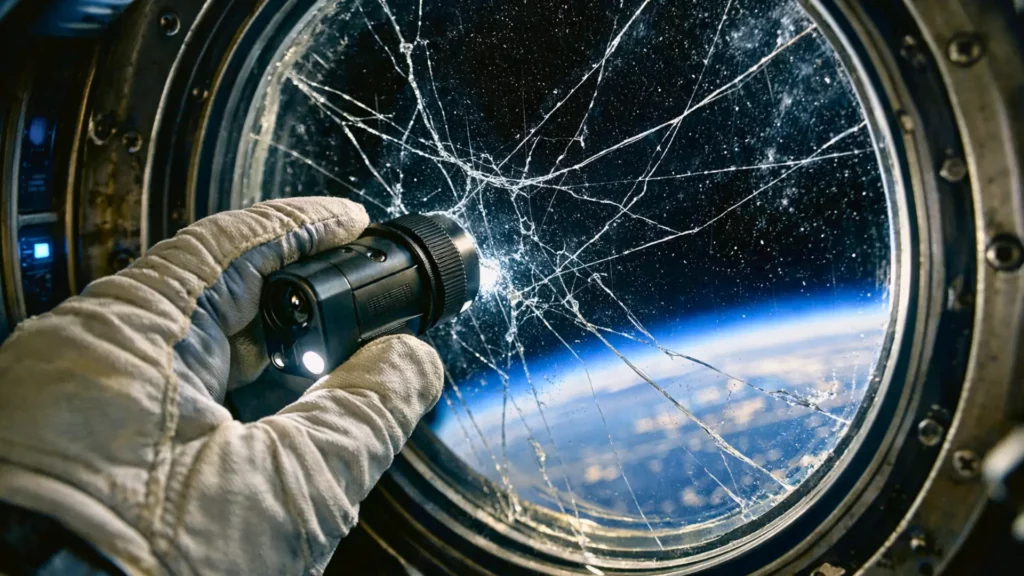 Un astronaute examine avec un microscope portable un hublot de capsule spatiale fissuré, avec la Terre visible en arrière-plan.