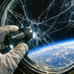 Un astronaute examine avec un microscope portable un hublot de capsule spatiale fissuré, avec la Terre visible en arrière-plan.
