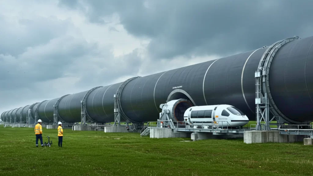 Capsule hyperloop à l’entrée d’un tube de test aux Pays-Bas, illustrant la relance du transport ultra-rapide en Europe