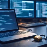 Ordinateur portable affichant du code dans un bureau sombre, avec un cadenas brisé posé à côté du clavier.