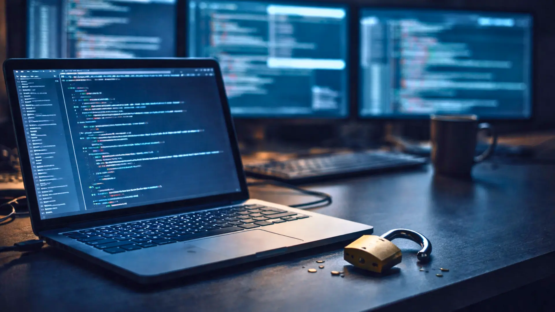 Ordinateur portable affichant du code dans un bureau sombre, avec un cadenas brisé posé à côté du clavier.