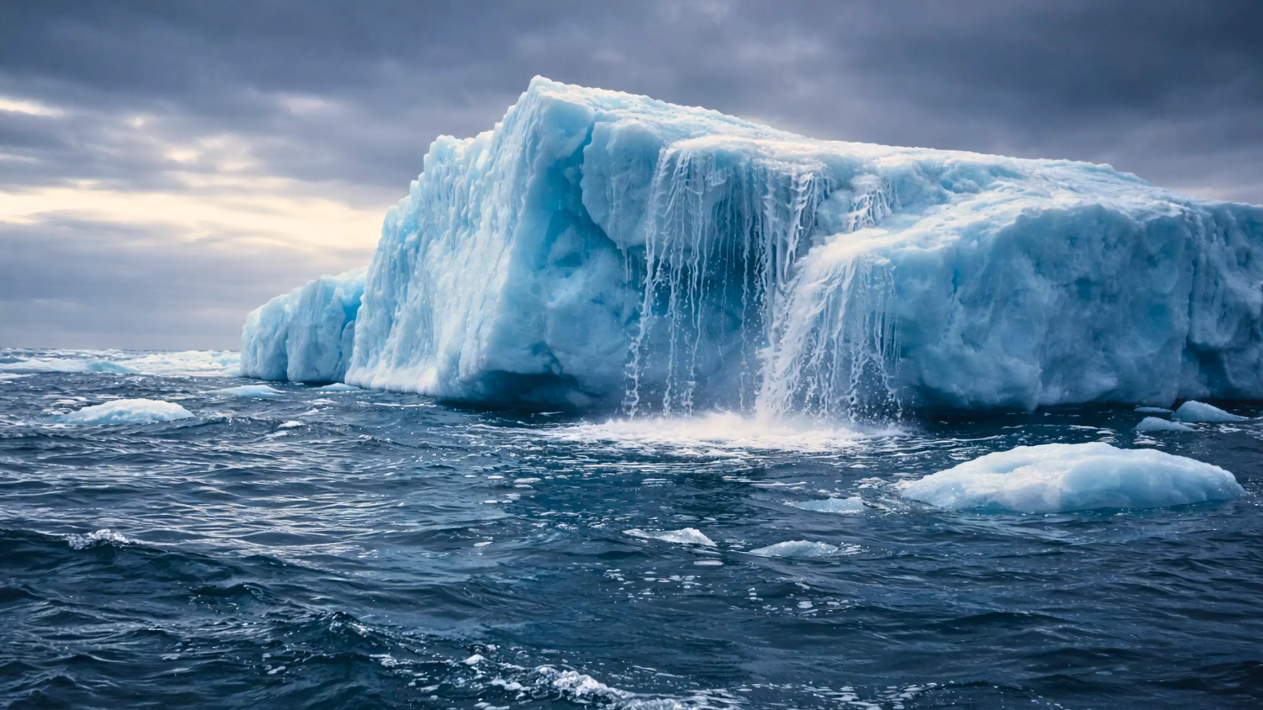 Un iceberg massif flotte dans l’océan Austral, sa surface glacée se fissurant tandis que l’eau sombre l’entoure.