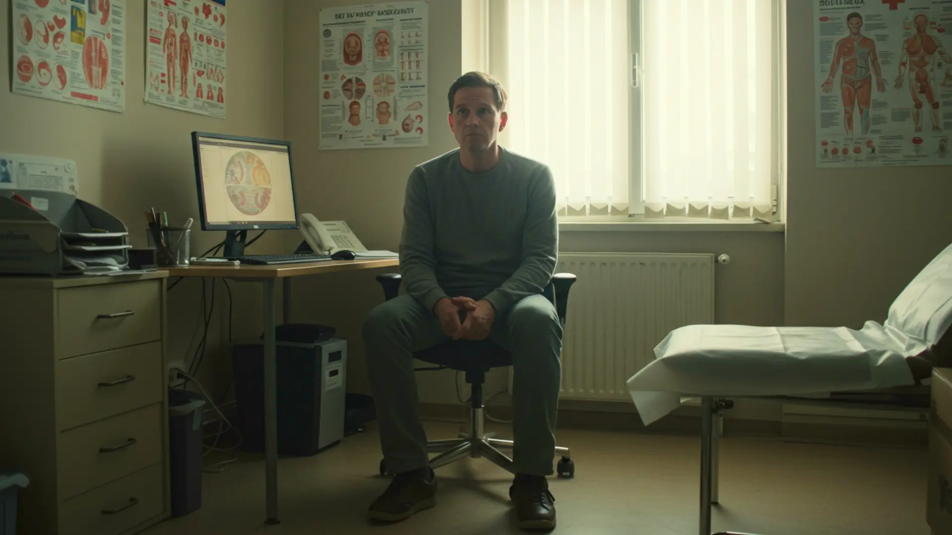 Homme assis seul dans un cabinet médical, illustrant l’impact silencieux du virus Epstein-Barr sur la santé à long terme