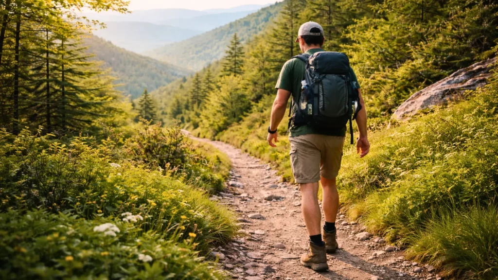 Randonneur en tenue de marche avec sac à dos avançant sur un sentier de montagne verdoyant au coucher du soleil