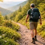 Randonneur en tenue de marche avec sac à dos avançant sur un sentier de montagne verdoyant au coucher du soleil