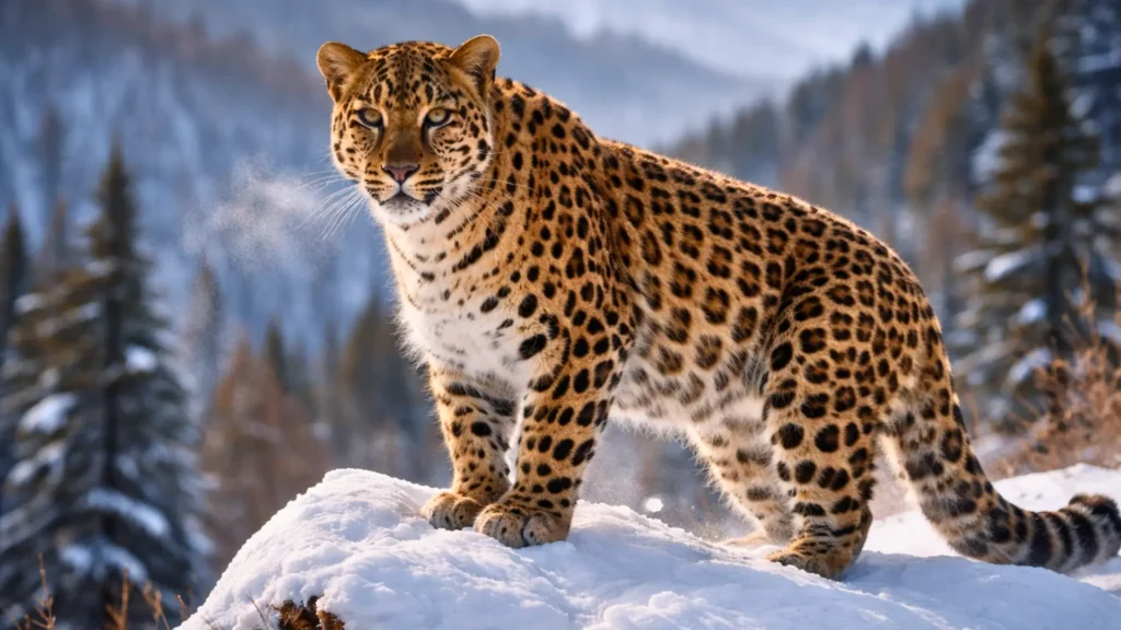 Léopard de l’Amour debout sur un rocher enneigé, dans une forêt froide d’Asie, symbole d’une espèce en danger critique d’extinction.