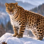 Léopard de l’Amour debout sur un rocher enneigé, dans une forêt froide d’Asie, symbole d’une espèce en danger critique d’extinction.