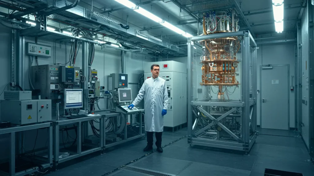 Chercheur devant un ordinateur quantique industriel installé dans un environnement de production contrôlé