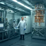 Chercheur devant un ordinateur quantique industriel installé dans un environnement de production contrôlé