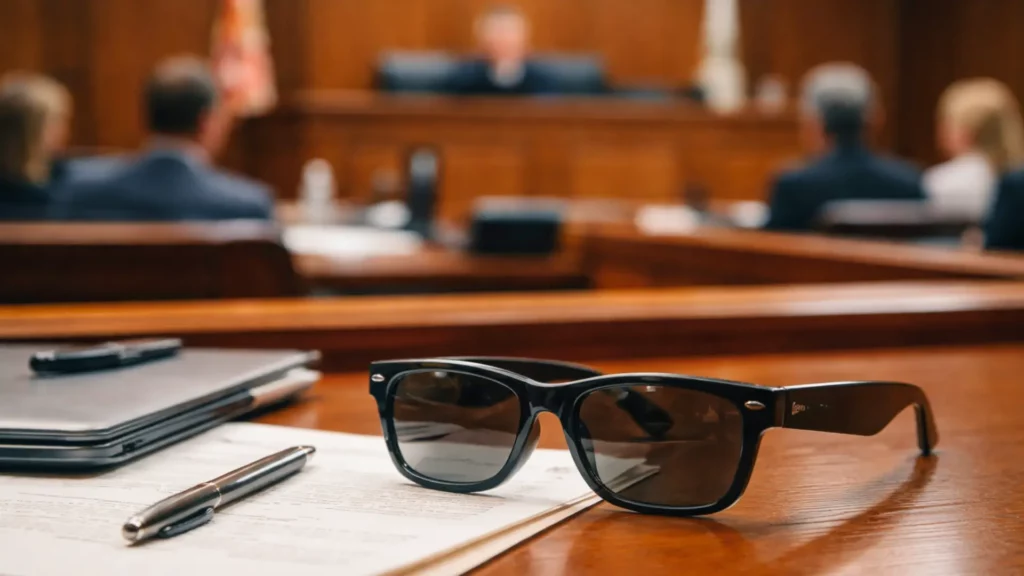 Lunettes connectées posées sur un bureau dans une salle d’audience lors d’un procès, symbole d’une polémique sur les technologies interdites au tribunal.