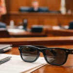 Lunettes connectées posées sur un bureau dans une salle d’audience lors d’un procès, symbole d’une polémique sur les technologies interdites au tribunal.