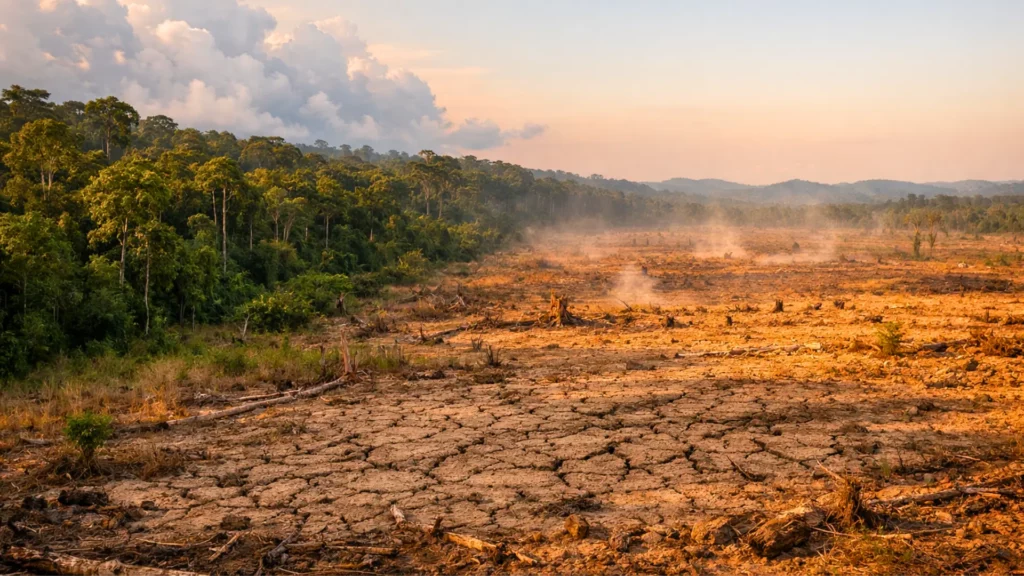Zone forestière défrichée montrant un sol asséché et craquelé, illustrant l’impact de la déforestation sur le climat et la sécheresse.