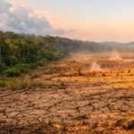 Zone forestière défrichée montrant un sol asséché et craquelé, illustrant l’impact de la déforestation sur le climat et la sécheresse.