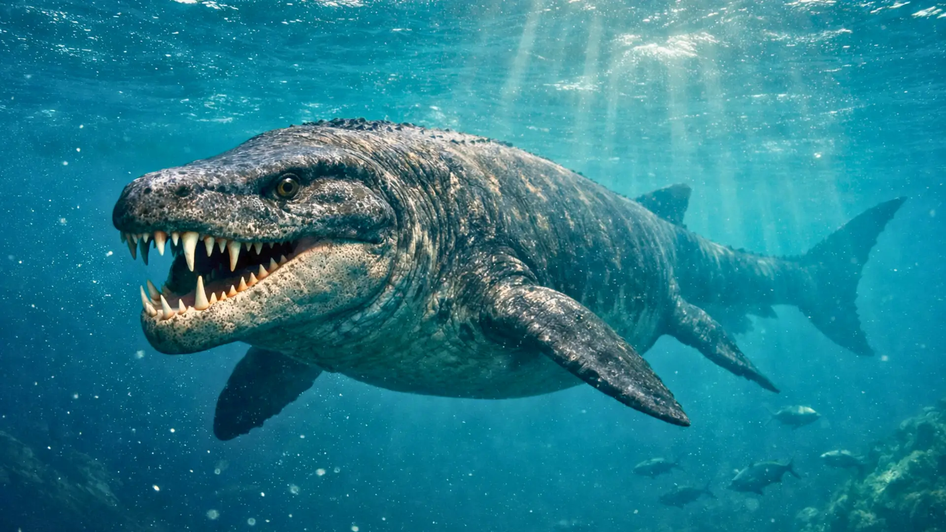 Reconstitution réaliste d’un mosasaure de sept mètres au museau court et aux dents acérées nageant dans un océan du Crétacé supérieur.