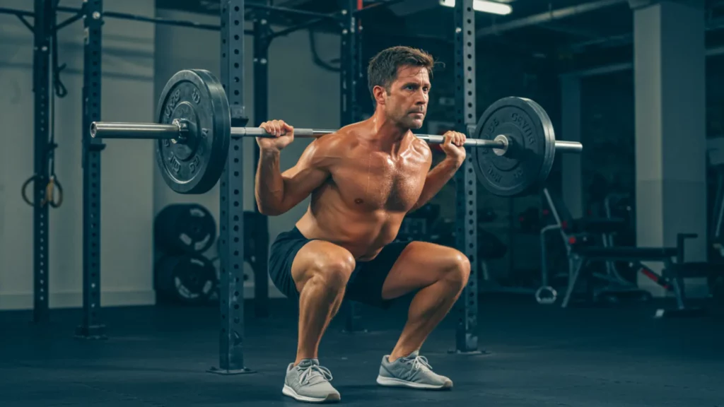 Homme pratiquant un squat avec barre en musculation, exercice de renforcement musculaire pouvant améliorer la régulation de la glycémie