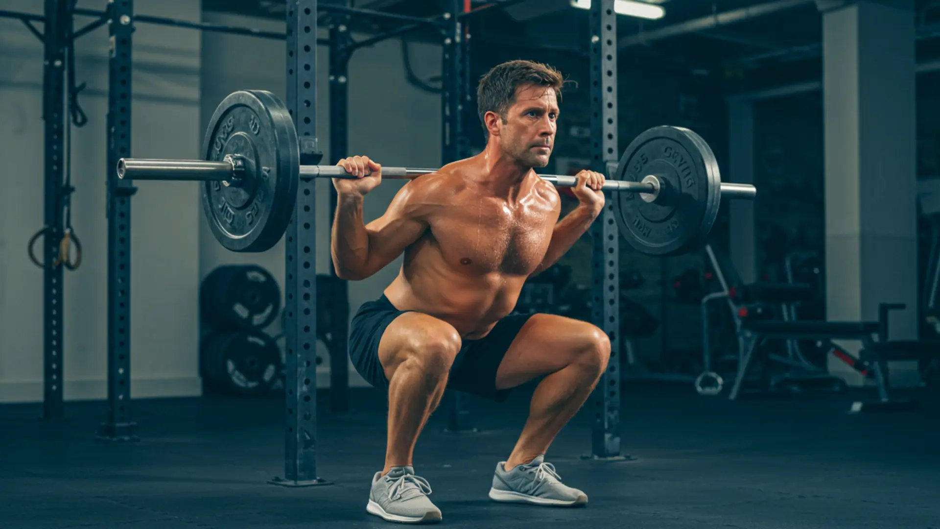 Homme pratiquant un squat avec barre en musculation, exercice de renforcement musculaire pouvant améliorer la régulation de la glycémie