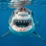 Grand requin blanc nageant face caméra, gueule ouverte, laissant apparaître des dents triangulaires acérées adaptées à la chasse de grandes proies.