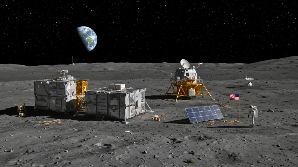 Base lunaire habitée avec modules scientifiques, panneaux solaires et astronaute, illustrant l’absence de souveraineté nationale sur la Lune.