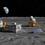 Base lunaire habitée avec modules scientifiques, panneaux solaires et astronaute, illustrant l’absence de souveraineté nationale sur la Lune.