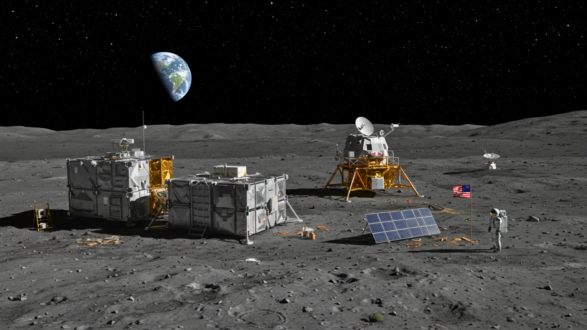 Base lunaire habitée avec modules scientifiques, panneaux solaires et astronaute, illustrant l’absence de souveraineté nationale sur la Lune.