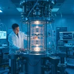 Chercheur manipulant un dispositif expérimental de physique quantique dans un laboratoire de haute technologie, illustrant l’étude de nouvelles formes de particules.