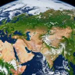 Vue satellitaire de la Terre montrant la répartition de la végétation mondiale et son déplacement progressif vers le nord-est.